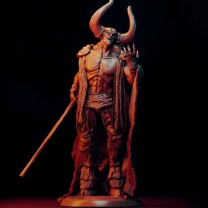 May include: A detailed sculpture of a horned demon with a muscular physique, wearing a draped cloak and holding a staff. The figure has a menacing expression and is posed against a dark background, showcasing intricate details.