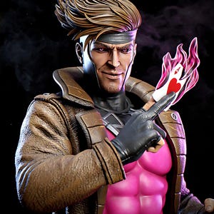 May include: A detailed statue of Gambit, a Marvel Comics character. He has brown hair, a brown leather jacket, and a pink chest. He is holding a playing card with a heart design, surrounded by a pink flame.