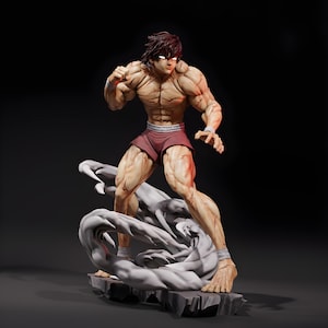 May include: A muscular figurine of a male figure in a fighting stance, with a determined expression. The figure is wearing red shorts and wristbands, standing on a gray, cloud-like base. The figure has brown hair and glowing red eyes.