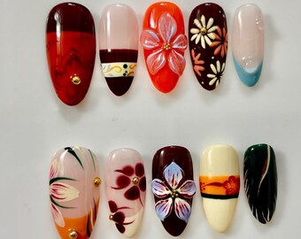 Autumn Muse Luxury Press-On Nails – Hand-Painted Floral Art Set
