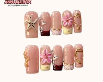 Luxe Starfish & Floral Press-On Nails – 3D Handcrafted Ocean-Inspired Set