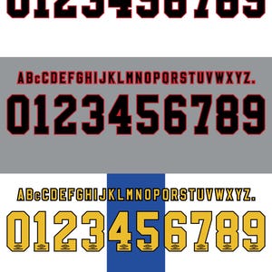May include: Four different designs of the numbers 0 to 9 and the alphabet, in a bold, blocky font. The top design is white numbers with a black outline on a red background. The second design is black numbers with a red outline on a white background. The third design is black numbers with a red outline on a grey background. The fourth design is gold numbers with a black outline on a blue and white background.