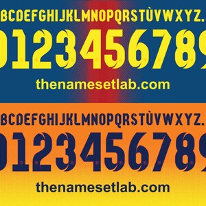 Può includere: Due design con alfabeti maiuscoli e numeri da 0 a 9 in grassetto. Il design superiore presenta testo giallo su sfondo blu, mentre il design inferiore presenta testo blu navy su sfondo arancione. L'indirizzo del sito web "thenamesetlab.com" è visualizzato.