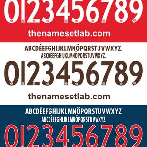 May include: Three sets of sports-themed number and alphabet designs in red, brown, and blue backgrounds. Each set includes the numbers 0 through 9, the alphabet, and the website address "thenamesetlab.com".