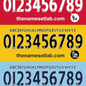 Puede incluir: Tres bloques de color que muestran un conjunto de fuentes para camisetas deportivas. El bloque superior es rojo con números y letras blancos. El bloque central es amarillo con números y letras negros. El bloque inferior es azul claro con números y letras azul oscuro. Cada bloque incluye la dirección del sitio web thenamesetlab.com.