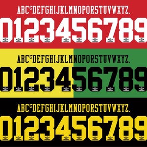 May include: A graphic design featuring the alphabet and numbers 0-9 in a bold, blocky font. The design is repeated three times, each set against a different background color: red, yellow/green, and black. The Umbro logo is at the bottom of each number.