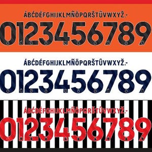 Può includere: Una collezione di design di numeri di maglia in vari colori, tra cui rosso, nero, blu navy e verde. Ogni design presenta i numeri da 0 a 9, insieme all'alfabeto. I numeri sono visualizzati su diversi sfondi colorati.