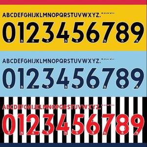 Puede incluir: Imagen que muestra diferentes fuentes de números, cada una con un alfabeto encima. Los números del 0 al 9 se presentan en varios colores, como rojo, amarillo, azul y negro, con un contorno blanco. El alfabeto está encima de cada conjunto de números.