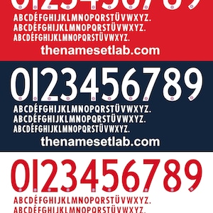 May include: A graphic design showing the numbers 0 to 9 in a bold, white font, alongside the uppercase alphabet. The design is repeated on red, navy blue, and white backgrounds. The website address "thenamesetlab.com" is also included.