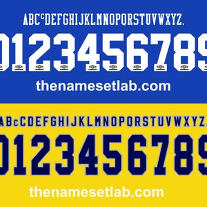Peut inclure: Deux images présentant un ensemble de polices sportives. L'image du haut affiche des chiffres et des lettres blancs sur fond bleu, avec le texte "the namesetlab.com". L'image du bas montre des chiffres et des lettres bleu marine sur fond jaune, avec la même adresse web.