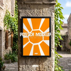 May include: A framed poster mockup with an orange and white geometric design, labeled "Poster Mockup Nature Collection." The poster is displayed on a stone wall, with the word "Photoshop" and the brand name "aldiz" at the bottom.