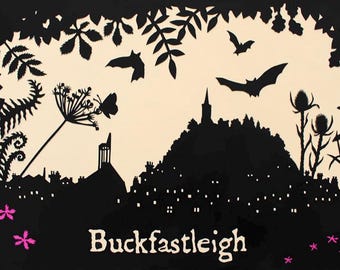 Buckfastleigh bij zonsondergang (A3-silhouetafdruk)