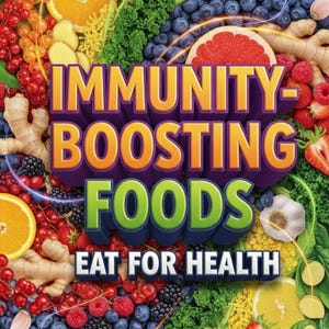 May include: A book cover titled "IMMUNITY-BOOSTING FOODS" with the subtitle "EAT FOR HEALTH." The cover features a vibrant collage of fruits and vegetables, including oranges, berries, and leafy greens. The author's name, Mark Randal, is at the bottom.