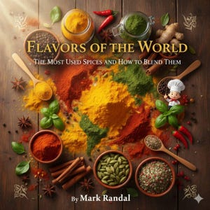 May include: A cookbook cover titled "Flavors of the World" with text "The Most Used Spices and How to Blend Them." The image features a wooden table with various spices, including turmeric, paprika, and cardamom, along with star anise and cinnamon sticks.