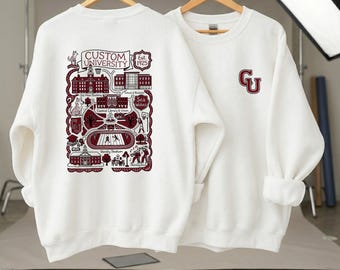 Custom College Hand Sketched Graphic Sweatshirt, Personalized University Shirt