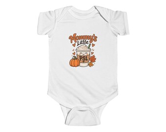 May include: A white short-sleeved baby bodysuit featuring a graphic of a smiling coffee cup with whipped cream, a pumpkin, and autumn leaves. The text reads Mommy's Little PSL, with small hearts surrounding the central coffee cup illustration.