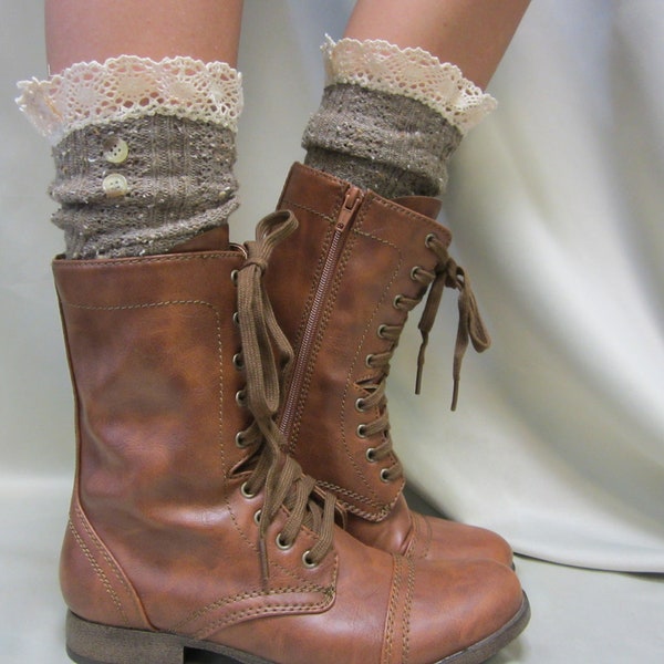 NORDIC LACE Brown short boot socks | Combat lace boot Socks buttons womens cowboy boot socks lace cuff ankle socks ladies | SLX1B