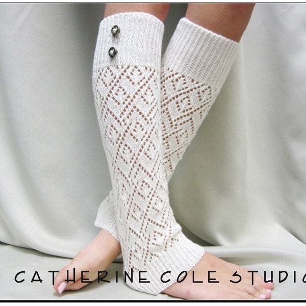 IRREGULAR all sales final IMPERFECT  lace leg warmers ivory knit womens No buttons by Catherine Cole Studio legwarmers open work