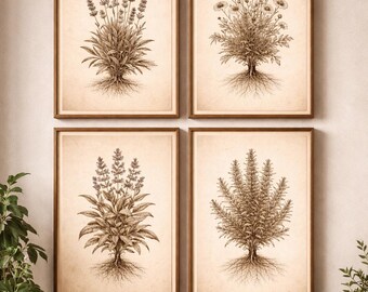 Vintage Herb Prints Set of 4 | Botanical Gallery Wall (Digital Download)