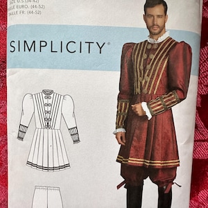 May include: Simplicity costume pattern featuring a Renaissance-style outfit. The pattern includes a long-sleeved tunic with gold trim, matching breeches, and a high-collared shirt. The package displays the Simplicity logo and size information.