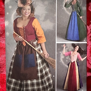May include: Simplicity sewing pattern 8720 features three witch costume designs. The cover shows a woman in a plaid skirt and bodice, holding a broom. The pattern includes sizes 6-14 and is designed and printed in the USA.