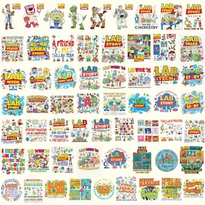Może przedstawiać: Kolekcja kolorowych grafik z postaciami i motywami z serii "Toy Story", ze słowami "LAB STORY" i innymi tekstami związanymi z laboratorium. Projekty obejmują różne postacie i sprzęt laboratoryjny.
