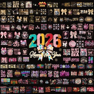 Puede incluir: Una colección de diseños temáticos de Año Nuevo, con el año 2026 en varios estilos. Los diseños incluyen lazos, bolas de discoteca y texto festivo, todo sobre un fondo negro. La paleta de colores incluye rosa, dorado y turquesa.