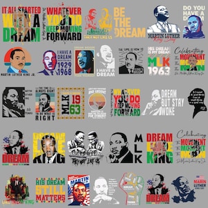 May include: A selection of graphic designs featuring Martin Luther King Jr. and motivational quotes. The designs include portraits, text such as "Dream," "MLK," and "Keep Moving Forward," and the years "1929-1968" and "1963." The colour palette includes black, white, red, green, and yellow.