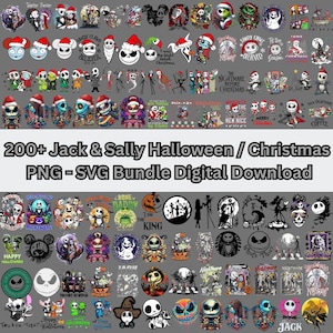 May include: A collection of digital designs featuring characters from "The Nightmare Before Christmas." The designs include Jack Skellington, Sally, and other characters in various poses, some wearing Santa hats. Text reads "200+ Jack & Sally Halloween / Christmas PNG - SVG Bundle Digital Download."