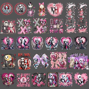 Pode incluir: Uma coleção de vários designs gráficos com personagens de "O Estranho Mundo de Jack". Os designs incluem Jack e Sally em formas de coração, laços e designs circulares. A paleta de cores é principalmente rosa, preto e branco.