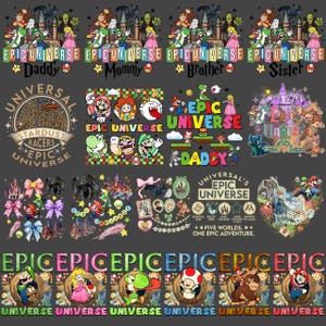 Puede incluir: Una colección de diseños gráficos coloridos con personajes y temas de una popular franquicia de videojuegos. Los diseños incluyen texto como "Epic Universe", "Daddy", "Mommy", "Brother" y "Sister". El tema general es la familia y la aventura.