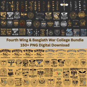 Może przedstawiać: Cyfrowy pakiet do pobrania z projektami z tekstem "Fourth Wing & Basgiath War College". Projekty obejmują smoki, herby i elementy tekstowe, wszystko w stylu vintage. Pakiet zawiera ponad 150 plików PNG.