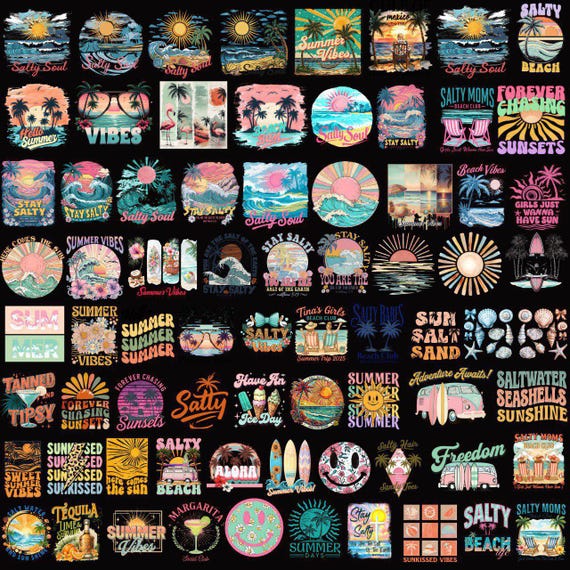 Salty Soul Summer PNG Bundle | Beach Vibes, Stay Salty, Tropical Retro Sublimation Graphics