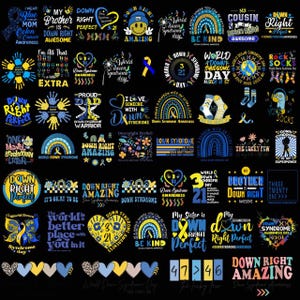 Pode incluir: Uma coleção de designs gráficos com texto e ilustrações relacionadas à conscientização sobre a síndrome de Down. Os designs incluem arco-íris, corações, meias e frases como "Down Right Perfect" e "World Down Syndrome Day". O esquema de cores é principalmente azul, amarelo e branco.