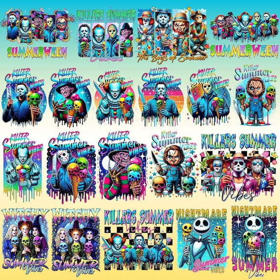 Killer Summer Vibes PNG Bundle | Horror Summerween Clipart | Retro Slasher Ice Cream Art | Graphic for T-Shirt, Sticker, Sublimation
