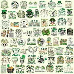 Op de afbeelding: Een verzameling stickers met het thema St. Patrick's Day met schedels, klavers en bier. De stickers hebben een groen, wit en zwart kleurenschema, met zinnen als "Dead Inside But Feelin' Lucky" en "Shamrock and Roll".