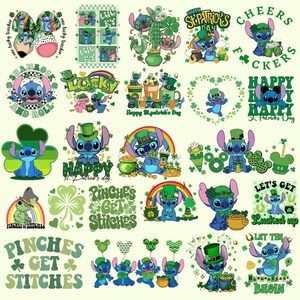 Puede incluir: Una colección de gráficos con temática del Día de San Patricio con el personaje Stitch. Los diseños incluyen a Stitch con tréboles, arcoíris, ollas de oro y texto como "Happy St. Patrick's Day" y "Pinches Get Stitches."