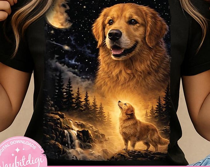 Vintage 90s Golden Retriever Howling at The Moon PNG, Waterfall Night Sky Art, Dog Lover Sublimation Design (Digital Download)