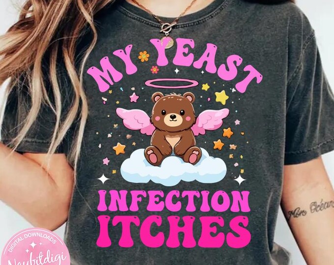 Cute Angel Bear PNG Funny Itchy Patience Design, Kawaii Teddy Bear Graphic, Sublimation Shirt Design, Trendy Humor PNG Download