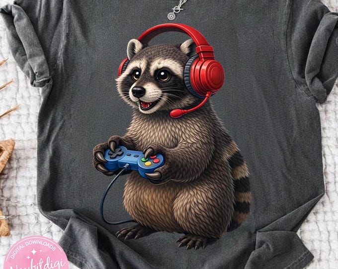 Raccoon Gamer PNG, Gaming Raccoon with Headset, Cute Gamer Animal PNG, Gaming Controller PNG, Funny Gamer Clipart, Sublimation Png