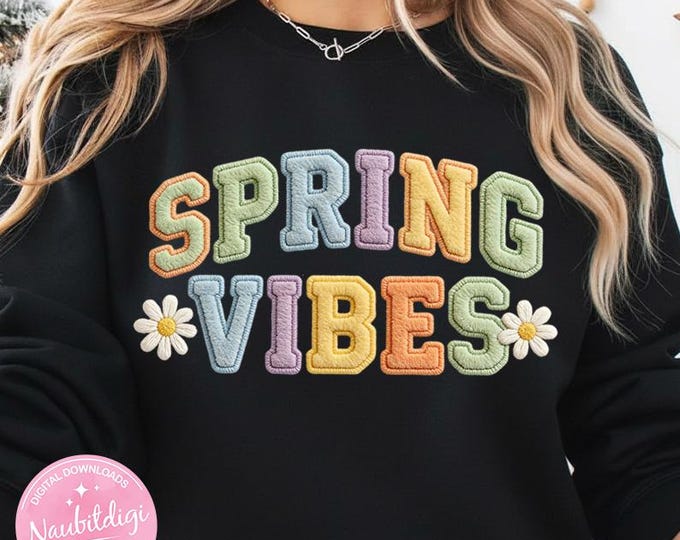 Spring Vibes PNG, Pastel Knit Letters with Daisies Retro Sublimation, Spring Shirt Gift, Digital Download