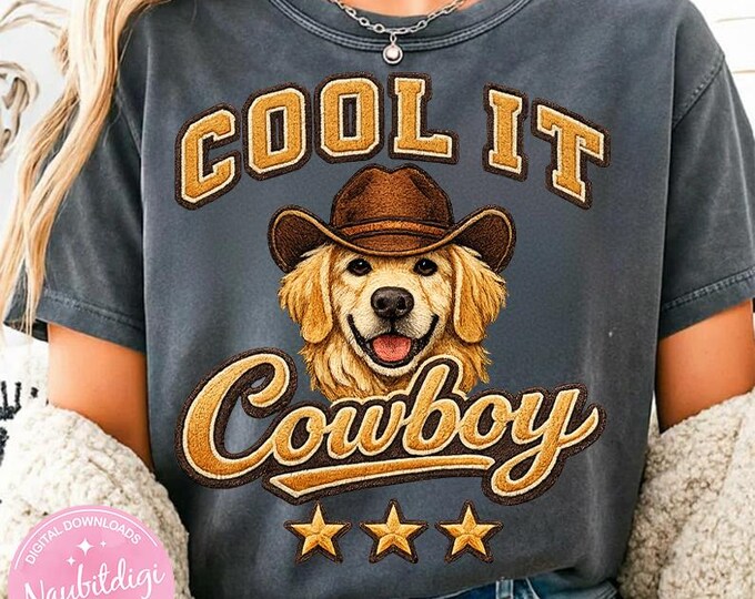 Cool It Cowboy PNG, Western Dog with Cowboy Hat, Lettering & Stars, Funny Cowgirl Tee Graphic, Digital Download
