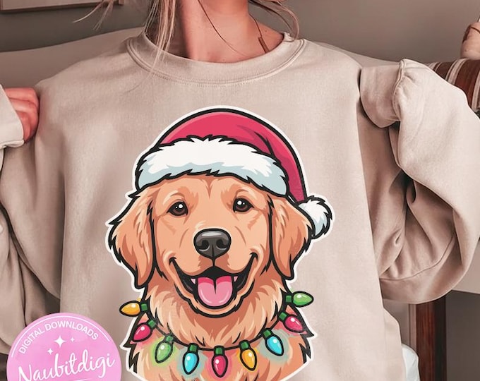Christmas Golden Retriever PNG, Santa Hat Holiday Clipart (Digital Download)