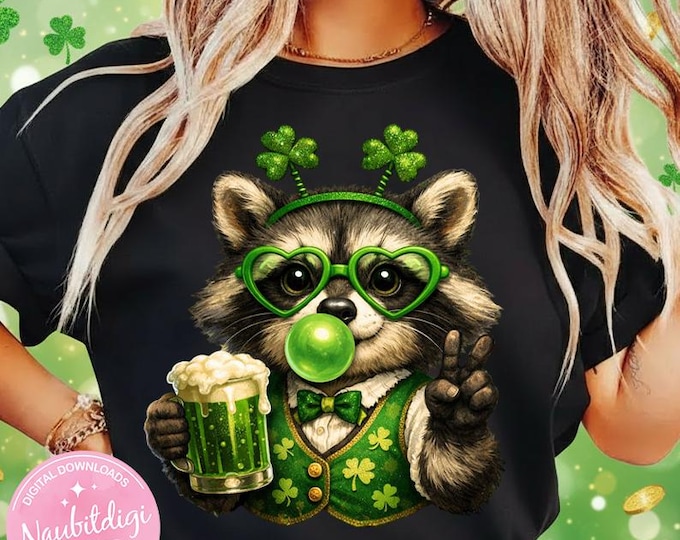 St Patrick’s Day Raccoon PNG, Funny Shamrock Animal Clipart, Green Holiday Raccoon Design, Sublimation PNG, Printable Shirt Graphic