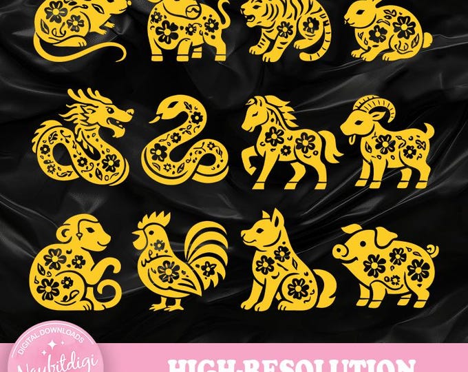 Lunar Zodiac Animals PNG  , 12 Zodiac Animal Clipart, Floral Folk Art Style, Sublimation PNG, Zodiac Animal png