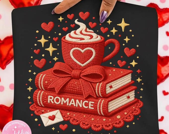 Romance Books & Coffee PNG, Valentine Book Lover embroidered, Crochet Cozy Cup Clipart, Book Aesthetic PNG, Reading Lover (Digital download)
