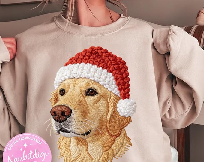 Embroidered Christmas Golden Retriever PNG, Santa Hat Holiday Dog Clipart (Digital Download)