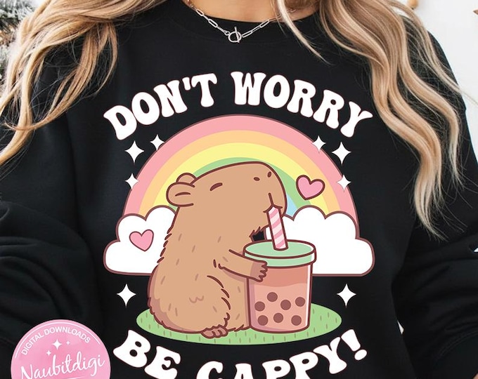 Groovy Don’t Worry Be Cappy Capybara PNG, Cute Funny Capybara Lover Digital Download, Retro Sublimation Design