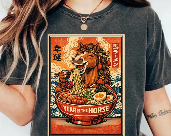 Year of the Horse 2026 PNG, Chinese Zodiac Horse Ramen Art, Lunar New Year Illustration, Funny Asian Food Poster, POD T-Shirt Design