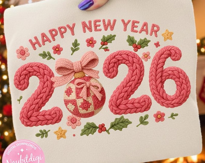 Happy New Year 2026 PNG, Crochet Christmas Design (Digital Download)